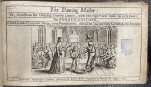 A frontispiece engraving from the 10th edition of John Playford's The Dancing Master from 1698. Etching includes a room full of women and men and several people around the room playing instruments. The people in the room are either sat down or standing up, reading to dance with one another.