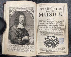 two-page spread with black & white drawing of a man on one side and the title page of the book on the other: A Brief Introduction to the Skill of Musick